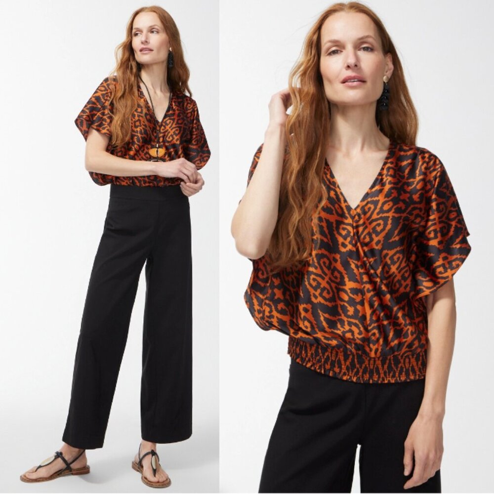 NWT CHICO'S Satin Ikat Top Neutral Woven Print Smocked Waist Size 2.5 (L/14)